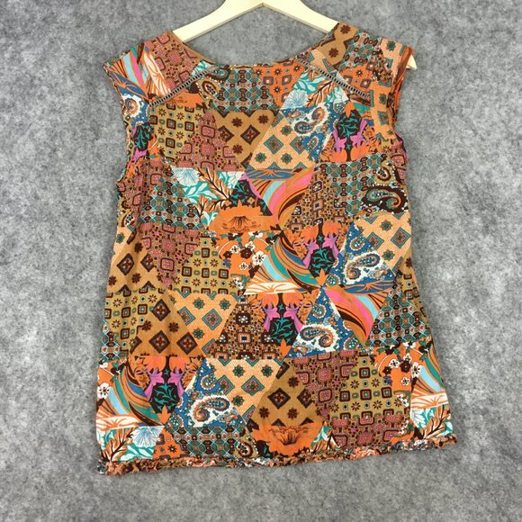 Sanctuary Top S Boho Geometric Motif Cap Sleeve Ruffle Keyhole Tank Mixed Print - Picture 11 of 12
